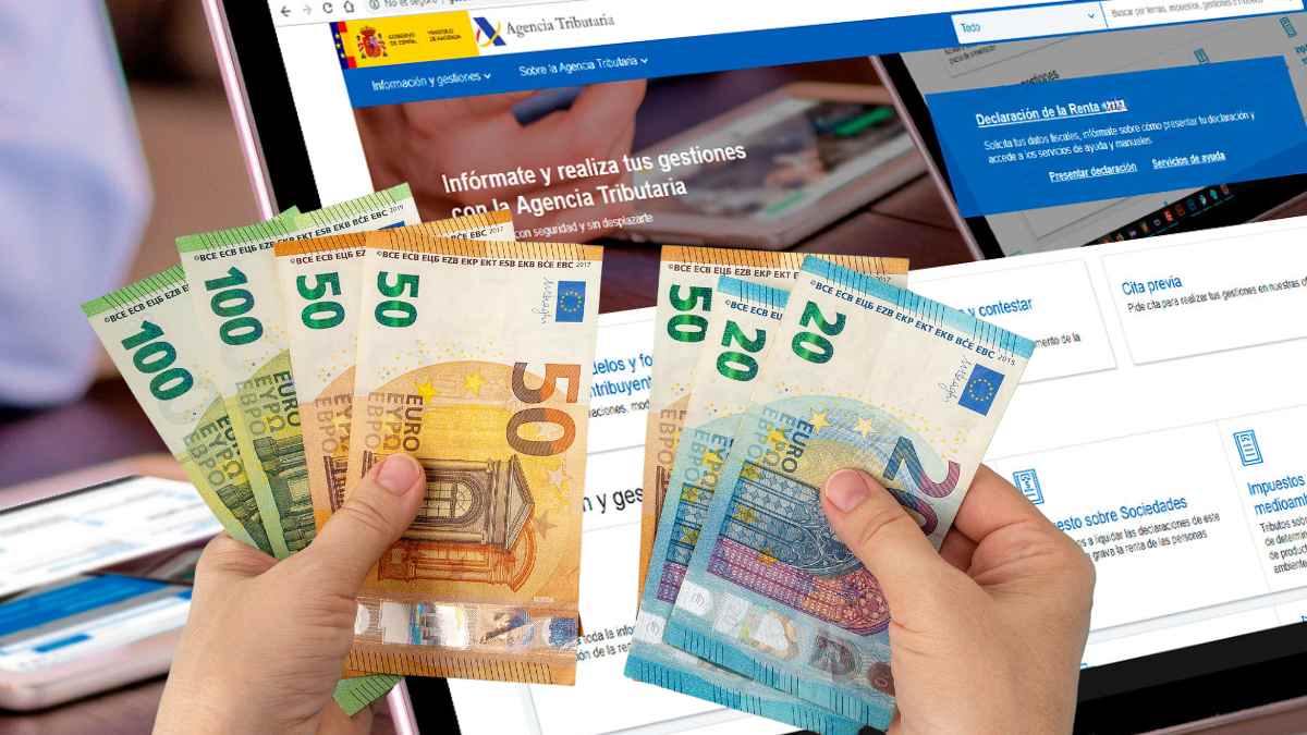 Manos sosteniendo billetes de euro frente a la página web de la Agencia Tributaria, ilustrando el pago de la Declaración de la Renta