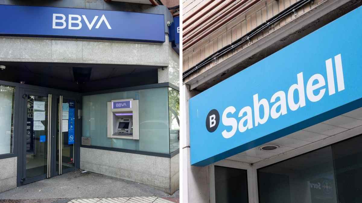 achadas de BBVA y Banco Sabadell en España, mostrando la cartelería de ambas entidades bancarias