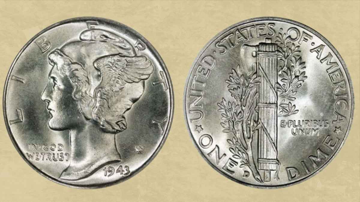 Moneda de diez centavos Winged Liberty Head de 1943, anverso y reverso.