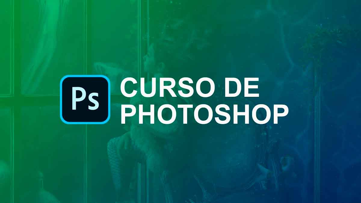 Banner del curso gratuito de Photoshop desde cero con el logo “Ps” y el texto “Curso de Photoshop” sobre fondo verde-azulado