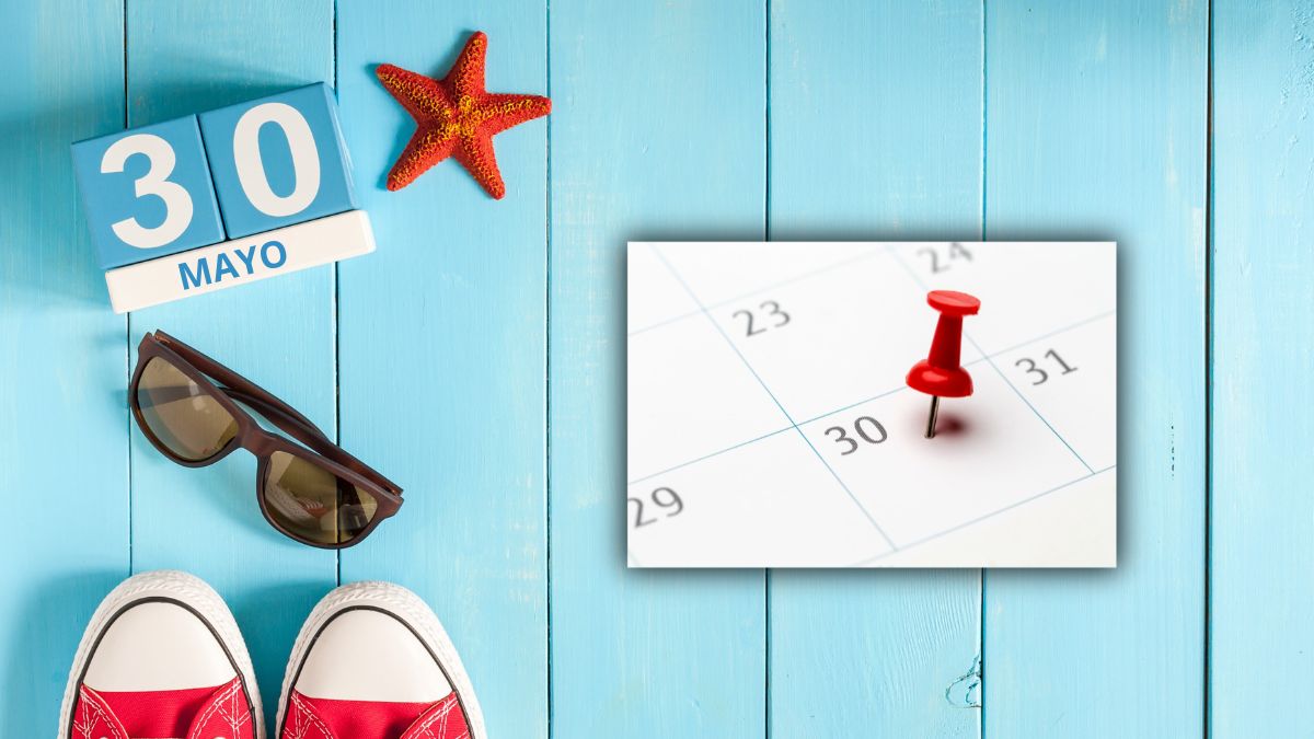 Calendario 30 de mayo festivo en Canarias con pin rojo y objetos de vacaciones