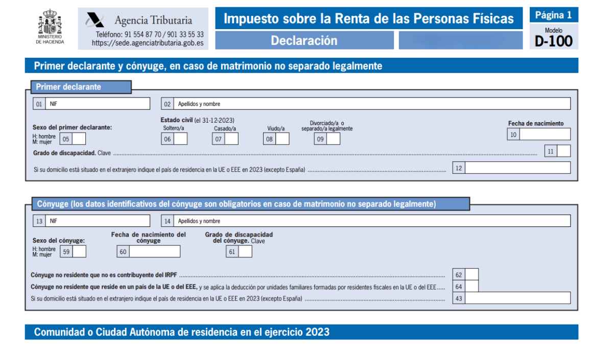 Formulario oficial D‑100 de la Agencia Tributaria para la declaración del Impuesto sobre la Renta de las Personas Físicas.