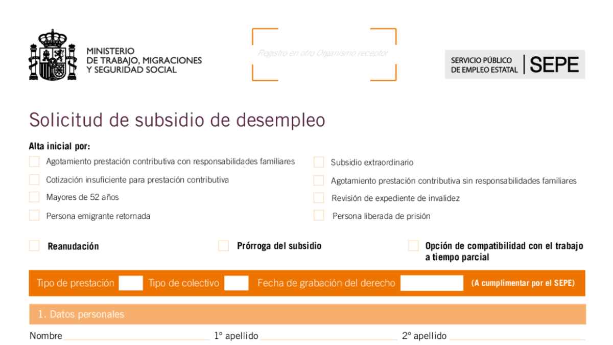 Formulario de solicitud subsidio desempleo sepe mayores 52 años