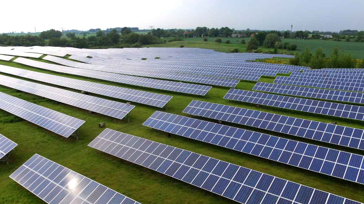 Planta solar en terreno agrícola alquilado en Carmona con hileras de paneles fotovoltaicos