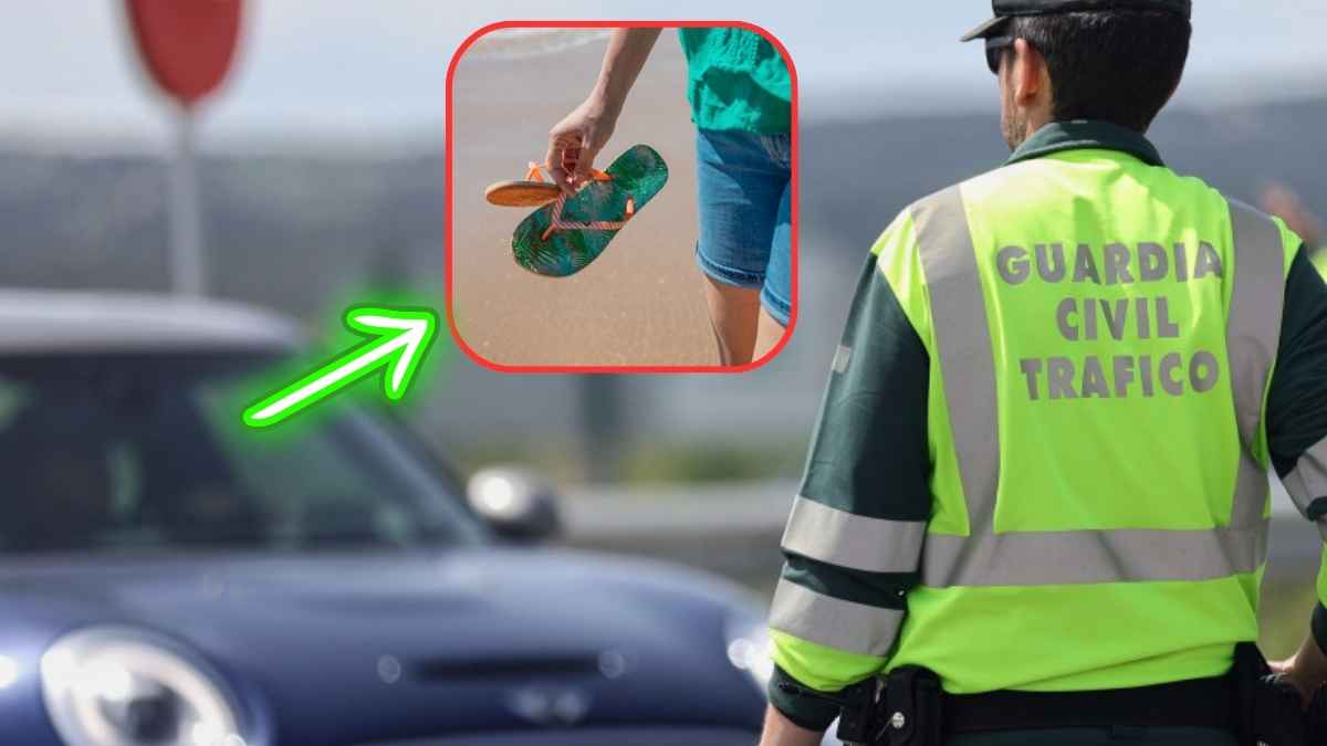 Agente de tráfico de la Guardia Civil frente a un coche con imagen superpuesta de chanclas, ilustrando sanciones por conducir con calzado inadecuado