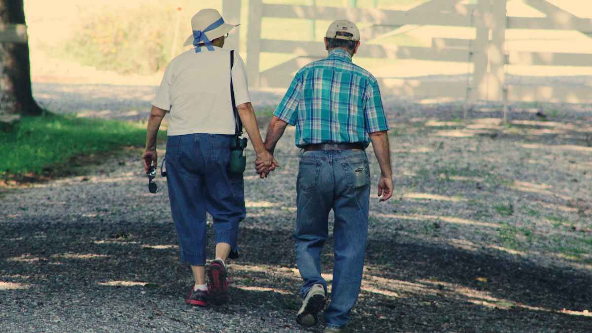 Pareja de jubilados caminando de la mano en un parque, ejemplo de cobrar 1 600 € al mes sin haber trabajado