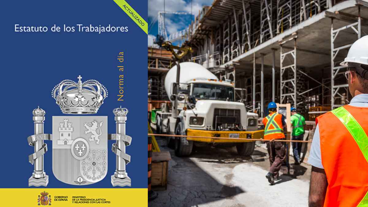 Portada del Estatuto de los Trabajadores junto a operarios de una obra en construcción en España