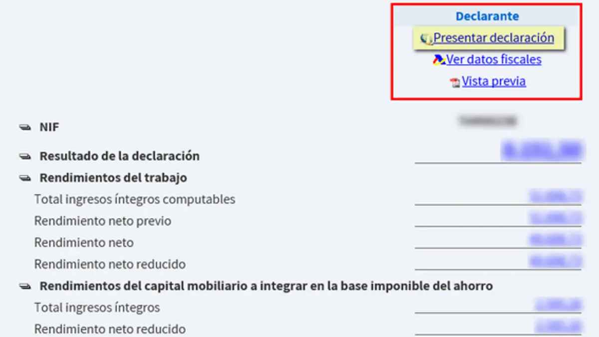 Captura de la plataforma online de la Agencia Tributaria mostrando el botón “Presentar declaración” para la Renta 2025