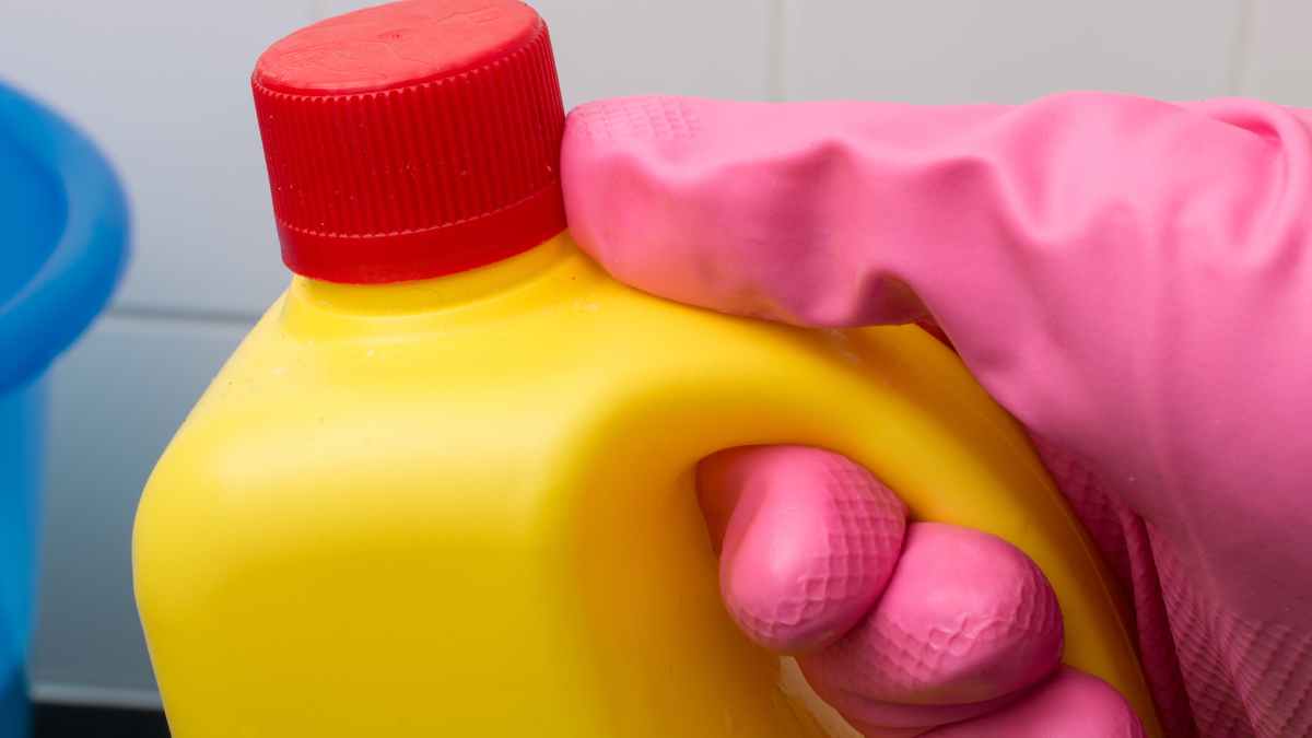 Envase de lejía en mano con guante rosa, relacionado con caso de despido laboral por intento de escarmiento en el trabajo