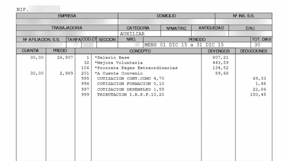 Ejemplo de nómina con grupo de cotización y antigüedad para comprobar salario correcto