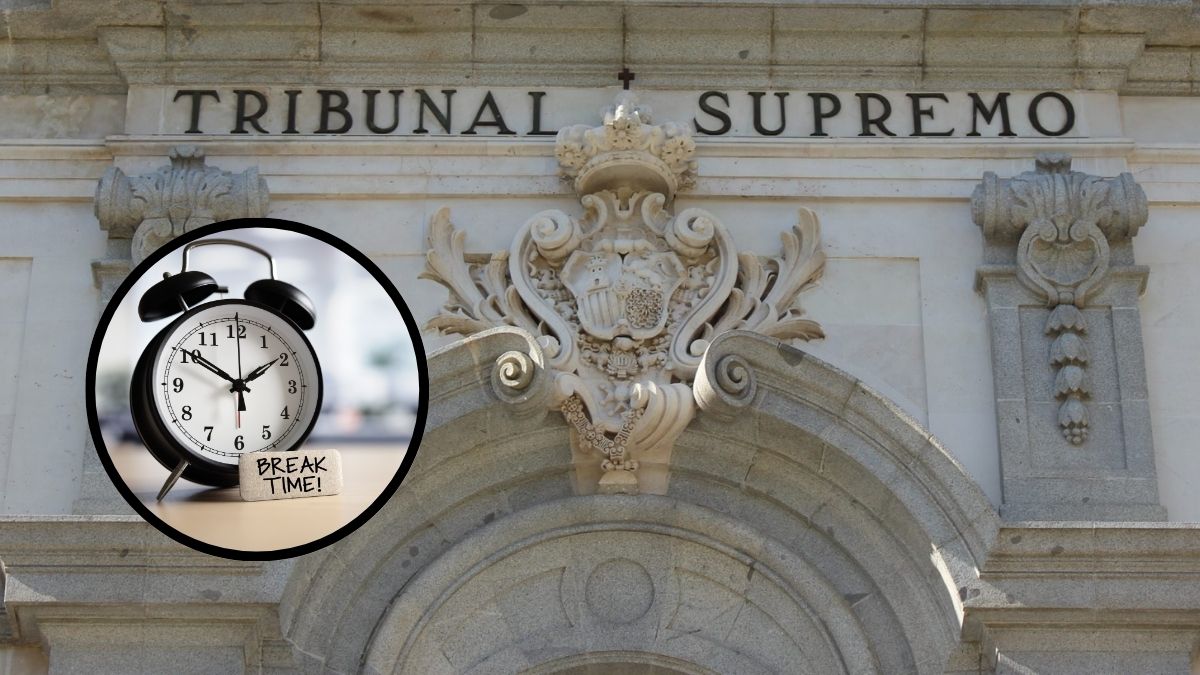 Fachada del Tribunal Supremo con reloj despertador y cartel de descanso laboral "Break Time"