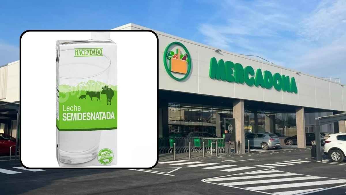 Brick de leche semidesnatada Hacendado 100 % española frente a un supermercado Mercadona