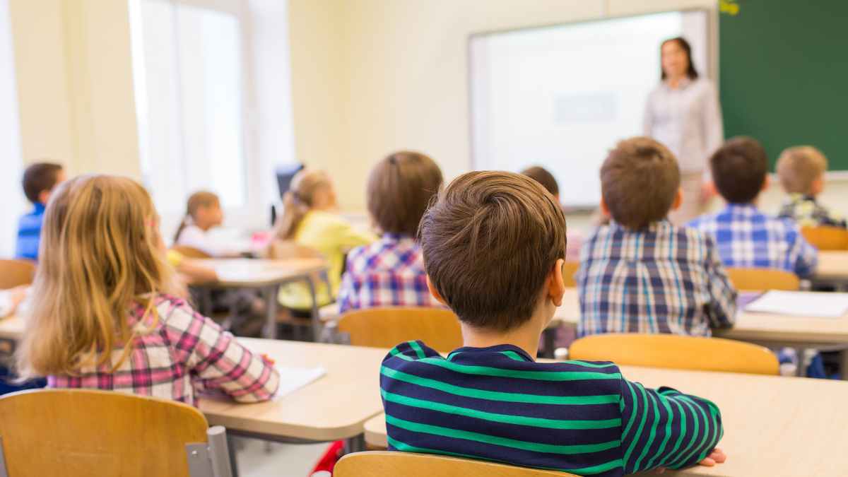 Alumnos en aula observando a una profesora impartiendo clase en Canarias