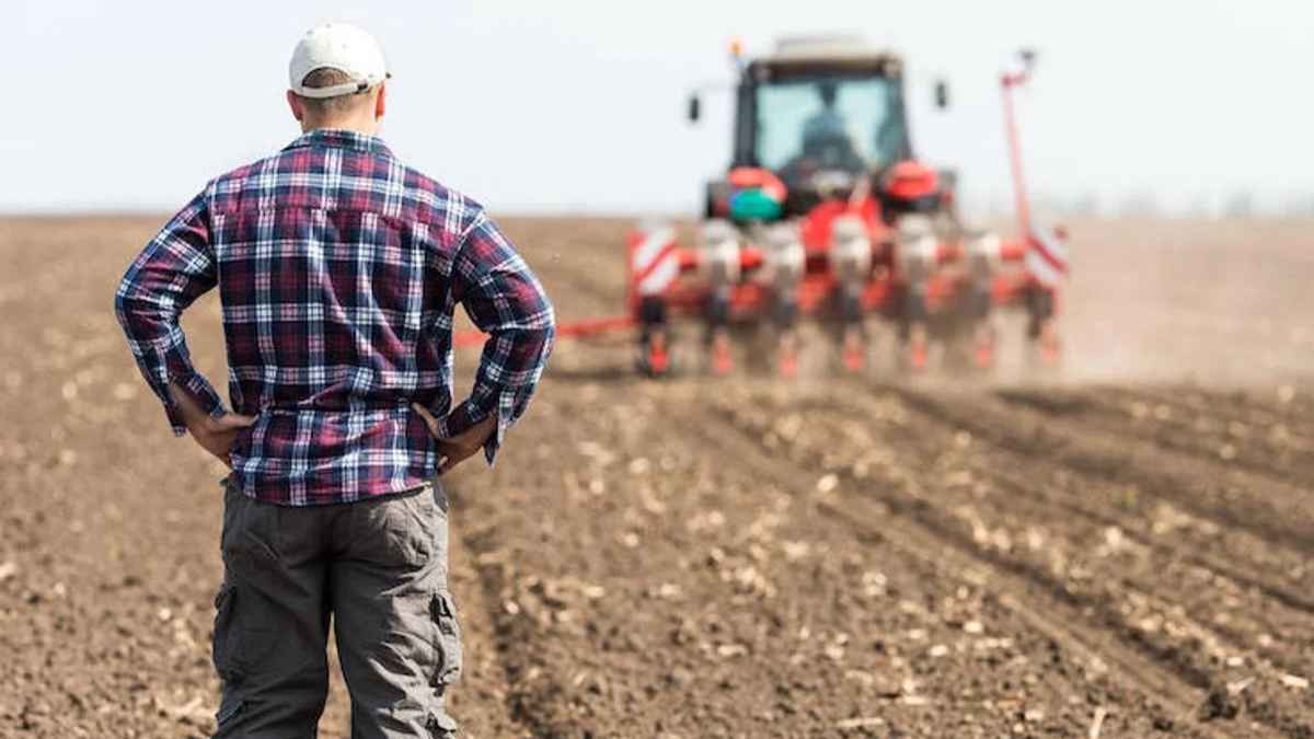 Agricultor observando el trabajo de maquinaria en un campo de cultivo durante la campaña PAC 2024 en Castilla-La Mancha
