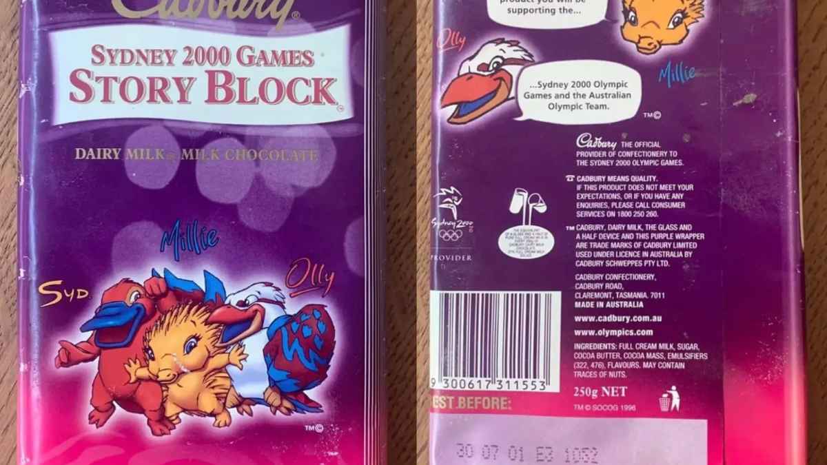 Tableta de chocolate Cadbury caducada hace 24 años, edición Juegos Olímpicos de Sídney 2000 con mascotas olímpicas