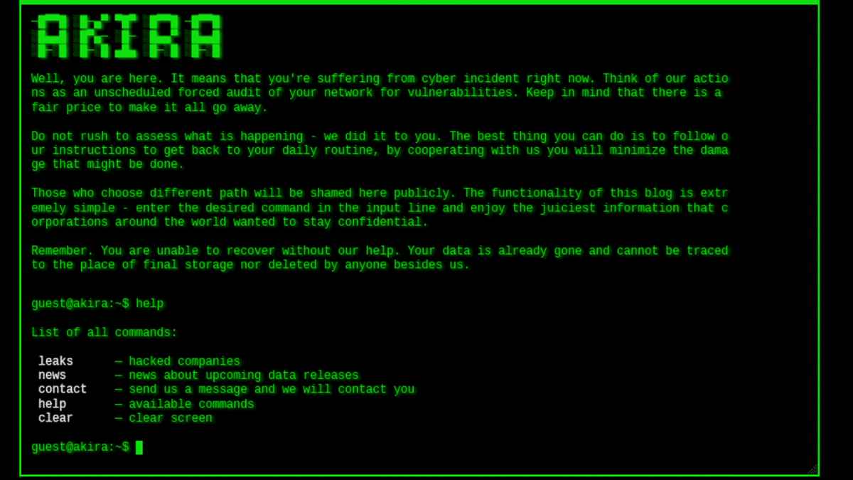 Pantalla con mensaje del grupo Akira tras el ciberataque ransomware que provocó el cierre de la empresa histórica KNP.