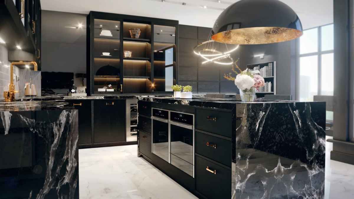 Cocina moderna con isla amplia y materiales elegantes según tendencias de interiorismo