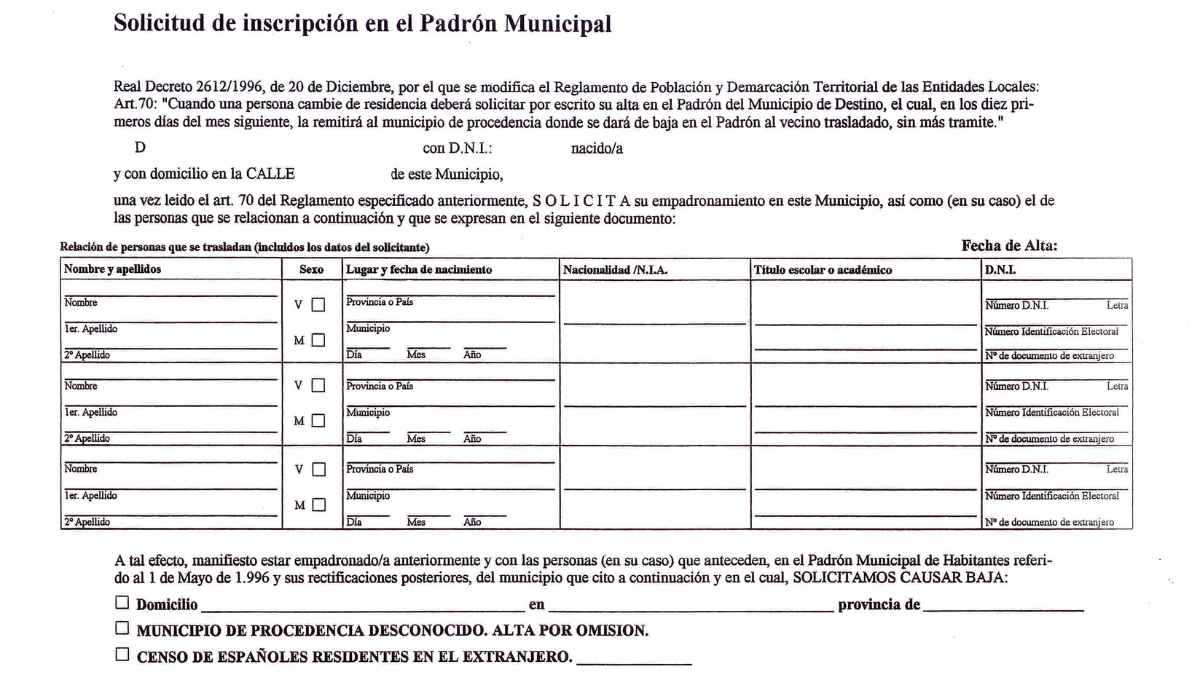 Formulario de solicitud de inscripción en el padrón municipal para actualizar datos y evitar problemas con la Seguridad Social