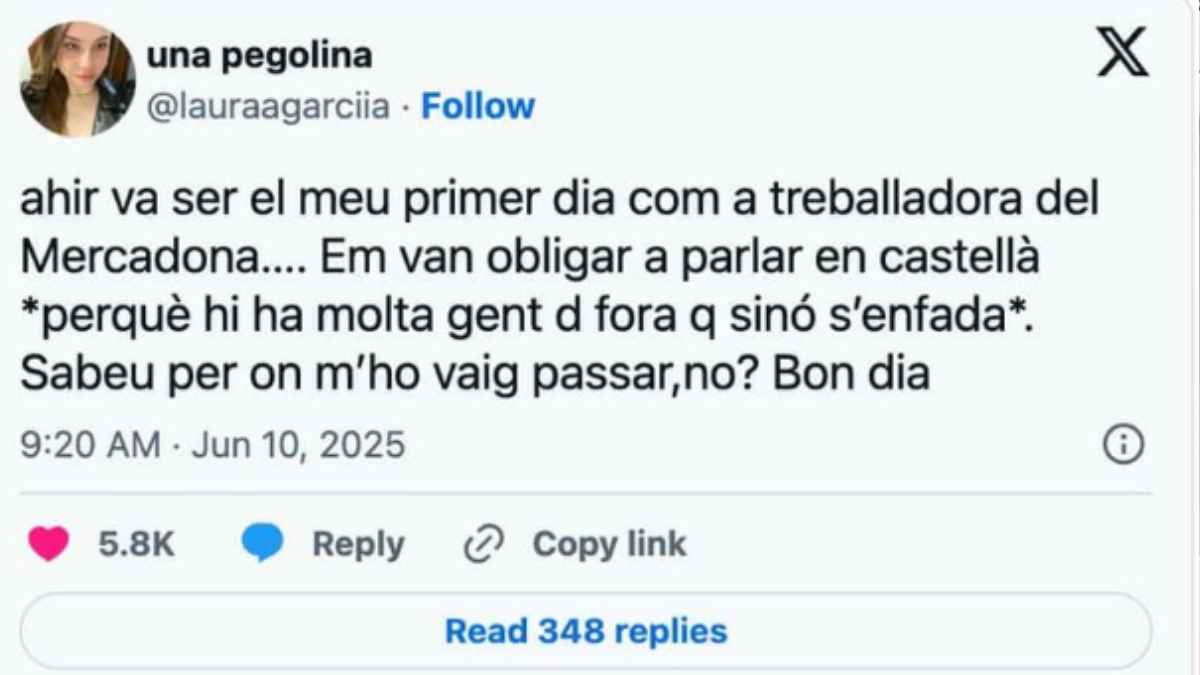 Tuit de Laura García denunciando su despido en Mercadona por atender en valenciano (Oliva, 10-06-2025)