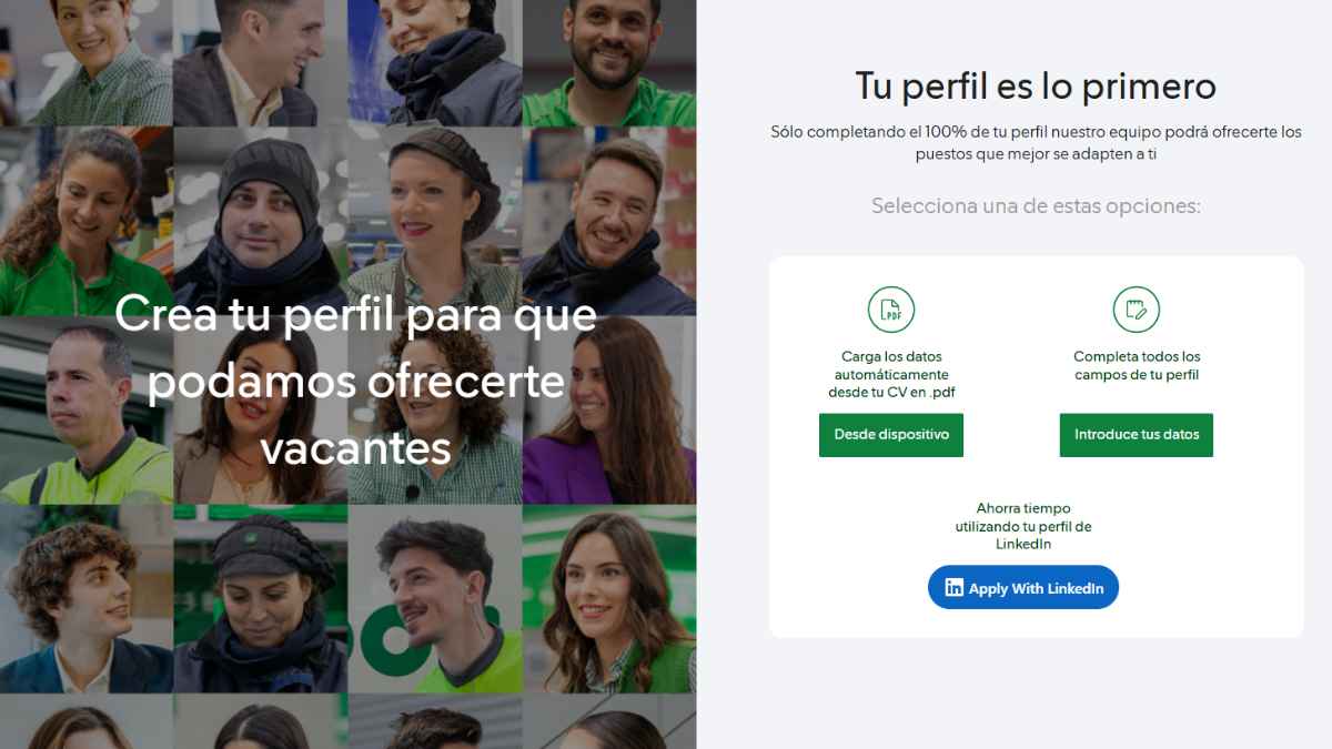 Imagen del nuevo portal de empleo de Mercadona donde los usuarios pueden crear su perfil para acceder a ofertas laborales.