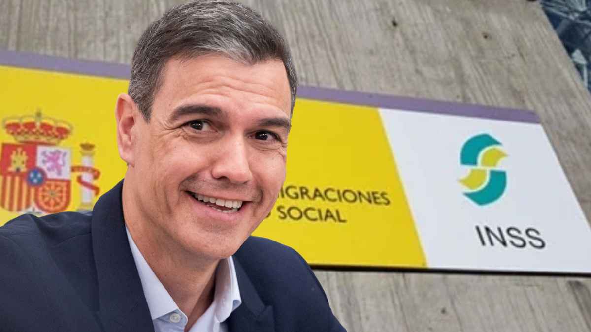 Pedro Sánchez junto al logo del INSS anuncia pensión de 930 euros para mayores de 52 años