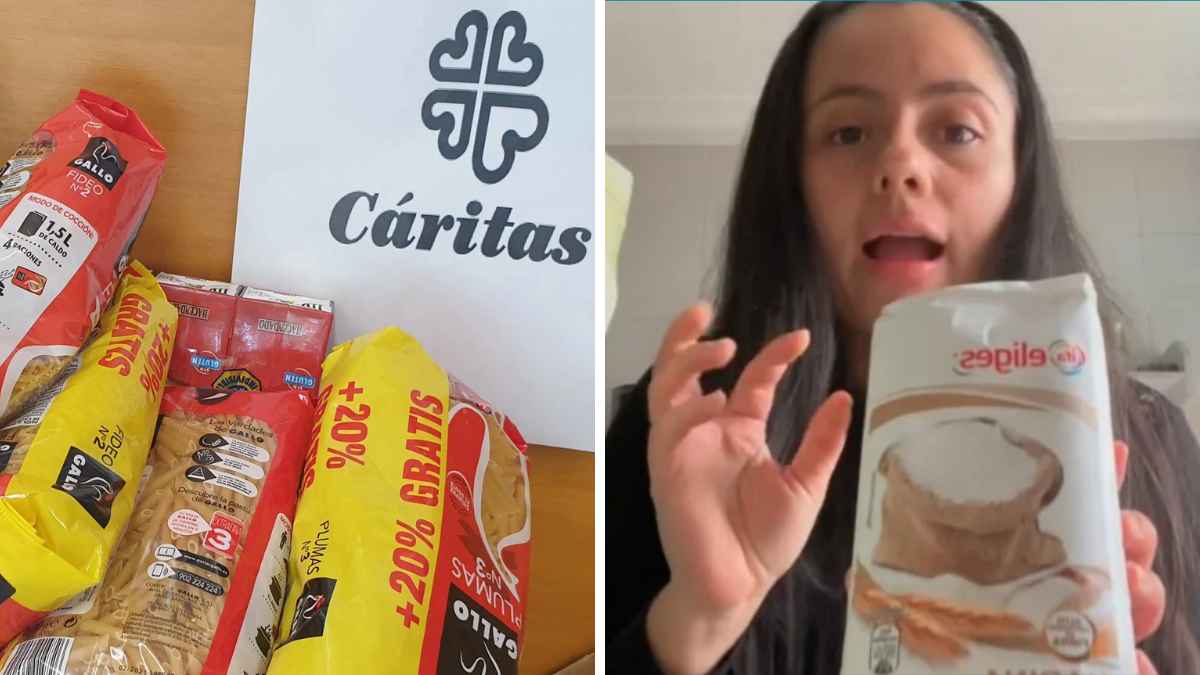 Productos reales entregados por Cáritas en España mostrados por una madre colombiana