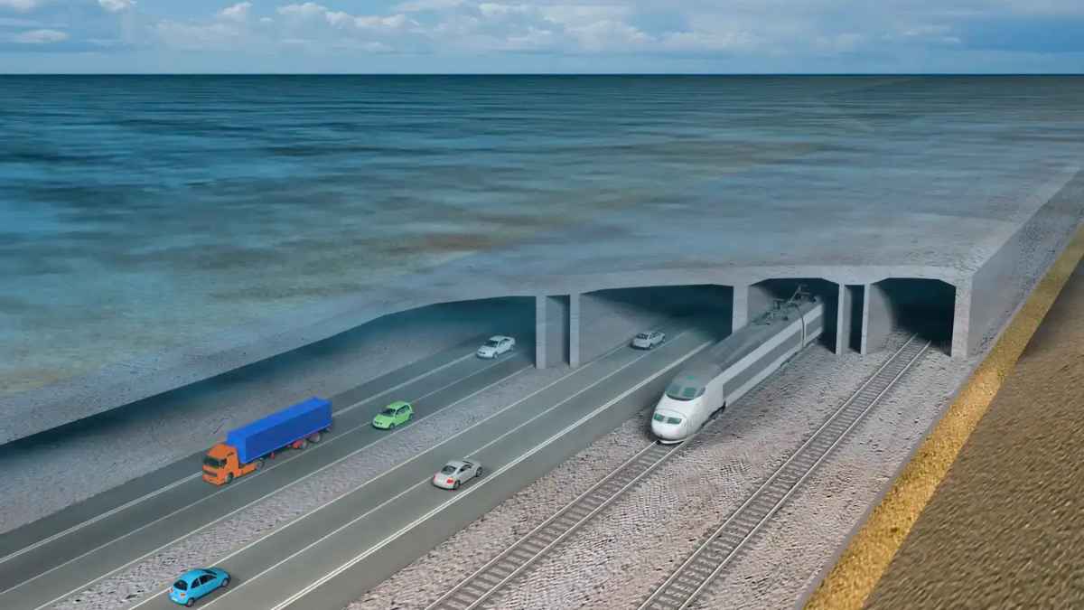 Infografía del túnel submarino Fehmarnbelt que conectará Dinamarca y Alemania, con carriles para coches y trenes bajo el mar.