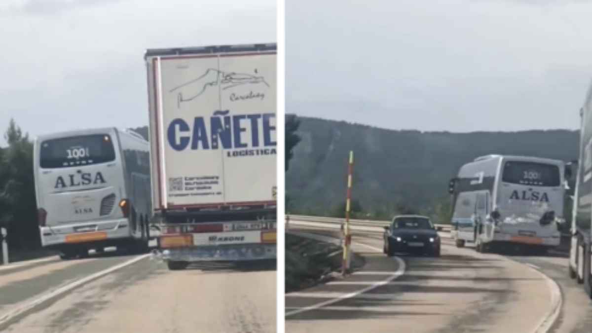Autobús de Alsa realizando adelantamiento temerario en la carretera N-111