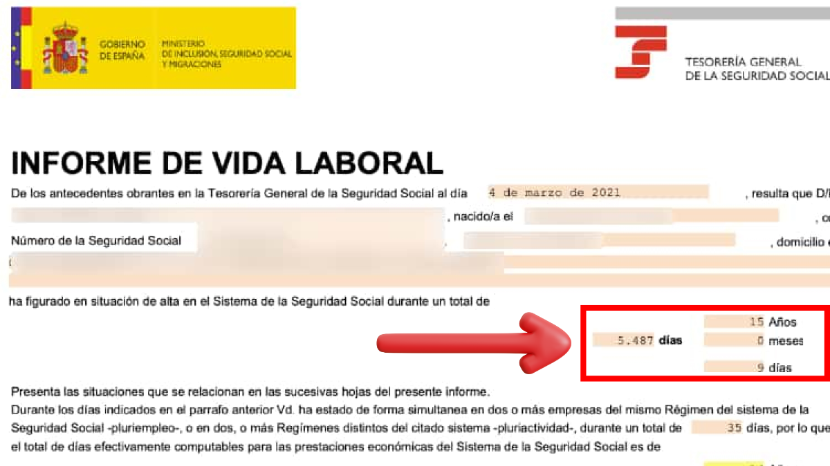 Informe de vida laboral de la Seguridad Social con años y días cotizados resaltados