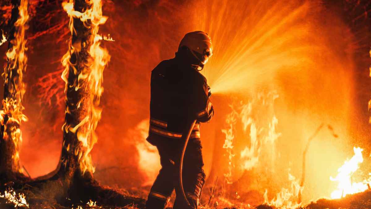 Bombero apagando incendio forestal en España en 2025