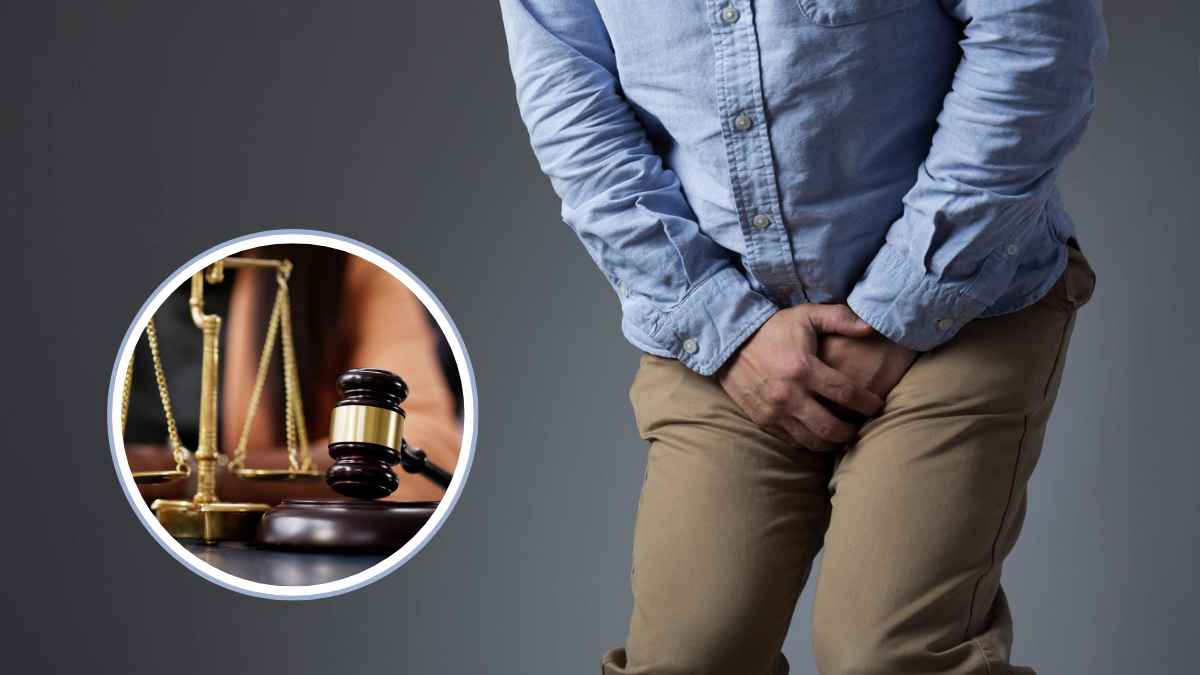 Hombre con dolor testicular y símbolo de justicia por despido en baja médica