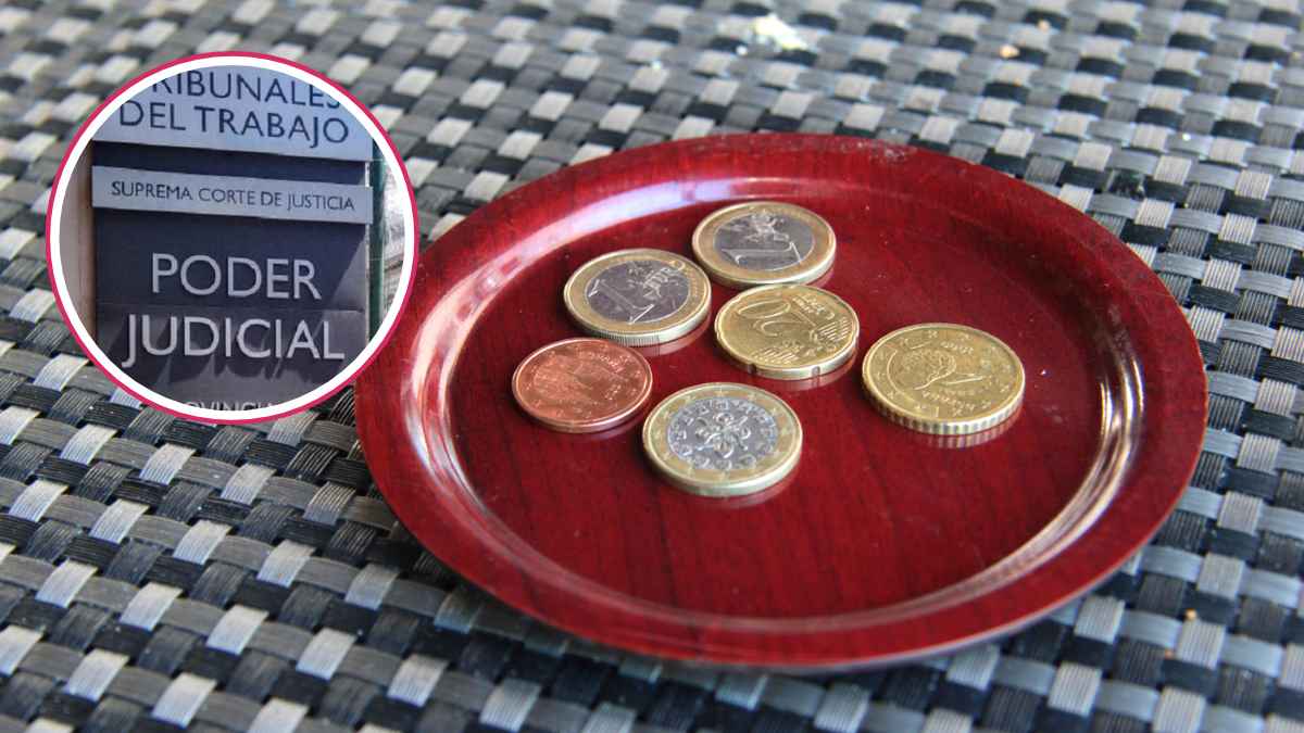 Plato con monedas de propina y rótulo del Poder Judicial; despido ilegal por repartir 28 000 € en el Hyatt Murano.