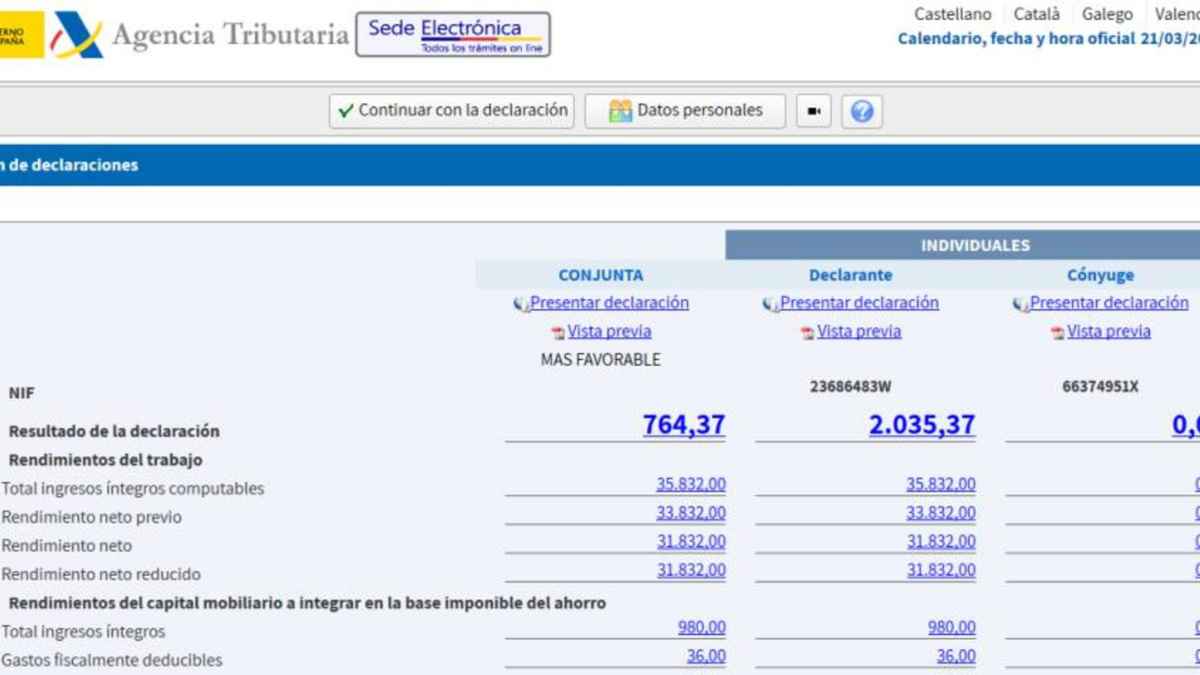 Pantalla de la Sede Electrónica de la Agencia Tributaria con ejemplo de declaración de la Renta e importes de devolución IRPF 2025