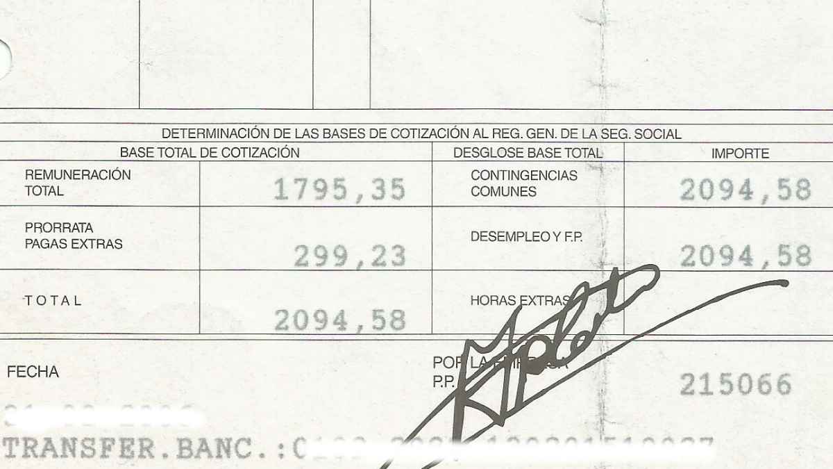 Ejemplo de nómina con base de cotización a la Seguridad Social en España