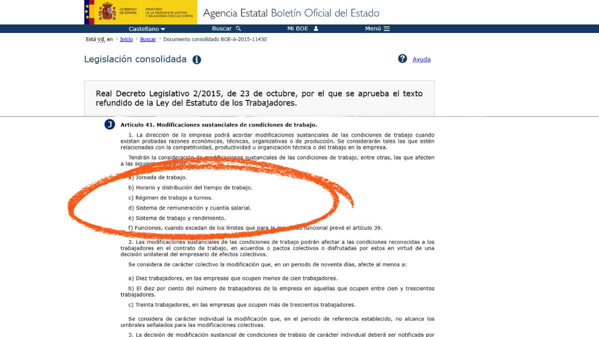 Artículo 41 del Estatuto de los Trabajadores sobre modificaciones sustanciales de condiciones de trabajo en el BOE