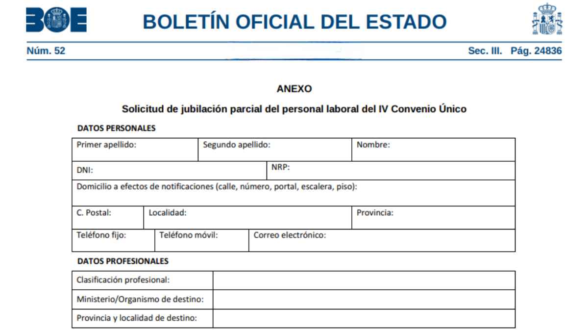 Formulario del BOE para solicitud de jubilación parcial personal laboral 2025