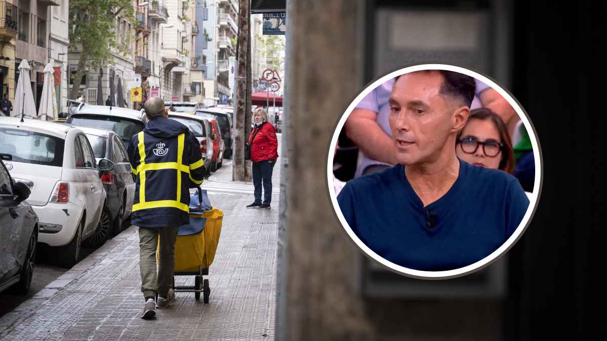 Repartidor de Correos en la calle y trabajador denunciando absentismo laboral en televisión