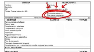 Ejemplo de nómina señalando grupo de cotización y antigüedad que afectan al salario y futura pensión