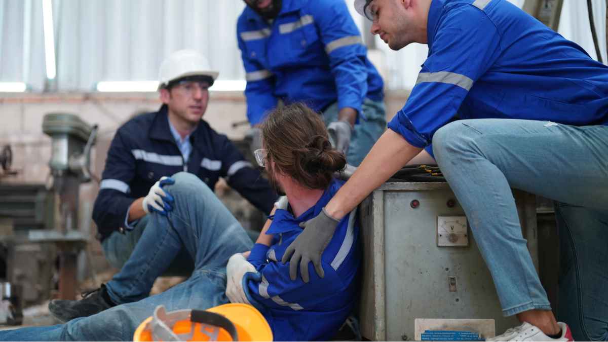 Trabajador con accidente laboral atendido por compañeros en fábrica