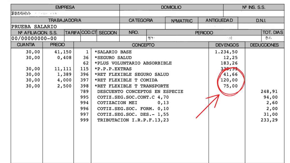 Ejemplo de nómina con retribución flexible para pagar menos impuestos IRPF