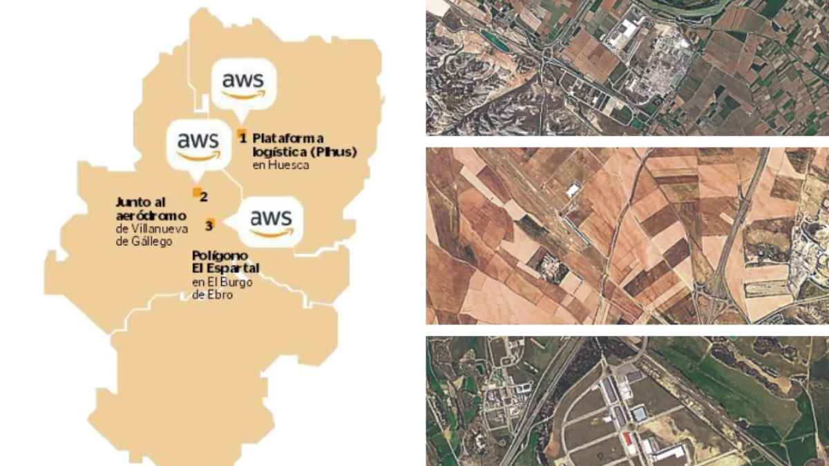 Mapa de los centros de datos de Amazon Web Services en Aragón con ubicaciones en Huesca, Villanueva de Gállego y El Burgo de Ebro