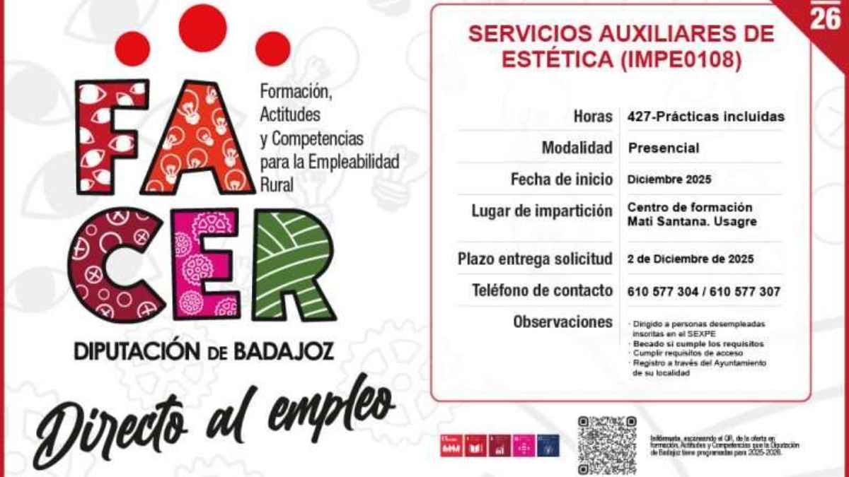 "Cartel del curso gratuito de Servicios Auxiliares de Estética del Proyecto Facer en Usagre impulsado por la Diputación de Badajoz