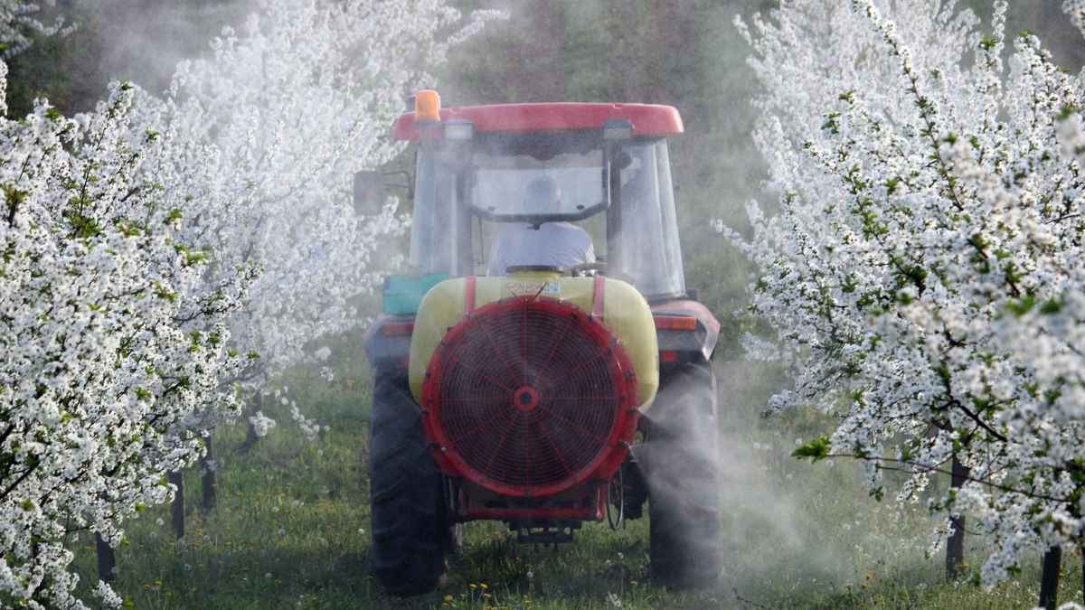 Tractor aplicando productos fitosanitarios en un cultivo agrícola