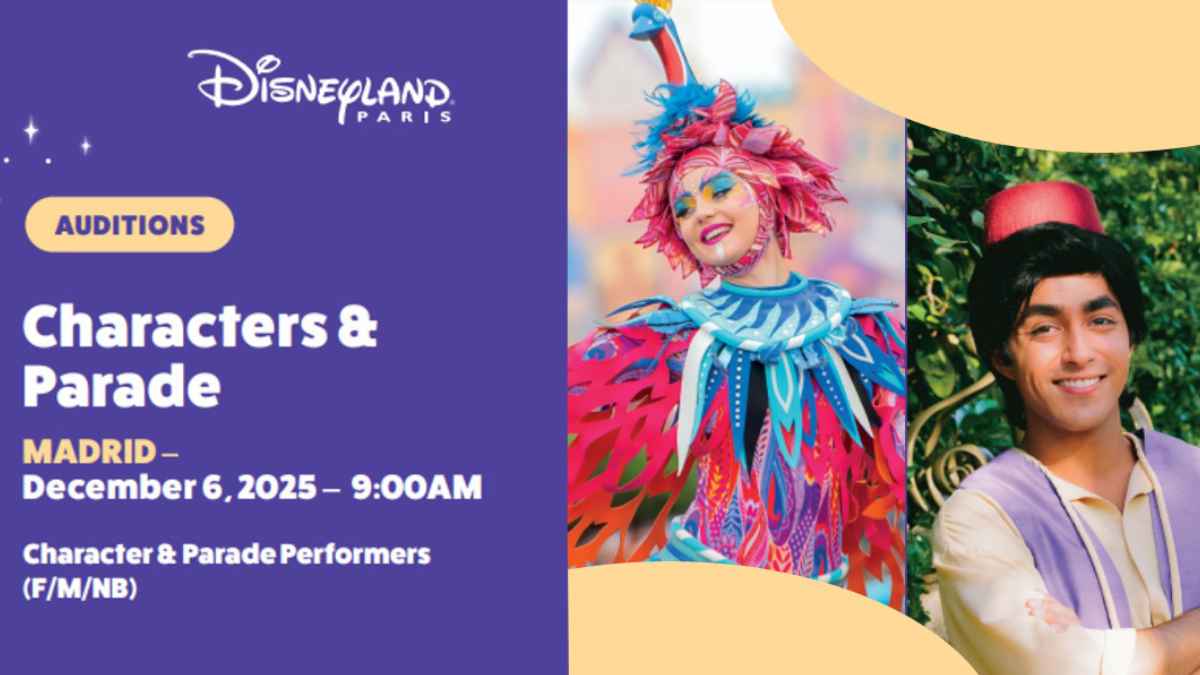 Cartel de la audición de Disneyland París para artistas de personajes y desfile en Madrid el 6 de diciembre.