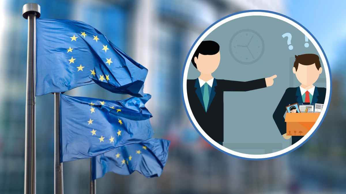 Banderas de la Unión Europea junto a ilustración sobre despido y nuevo concepto de despido restaurativo.