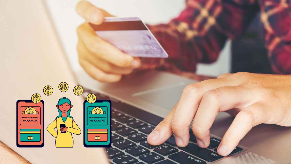 Persona realizando transferencia bancaria online con tarjeta y móvil