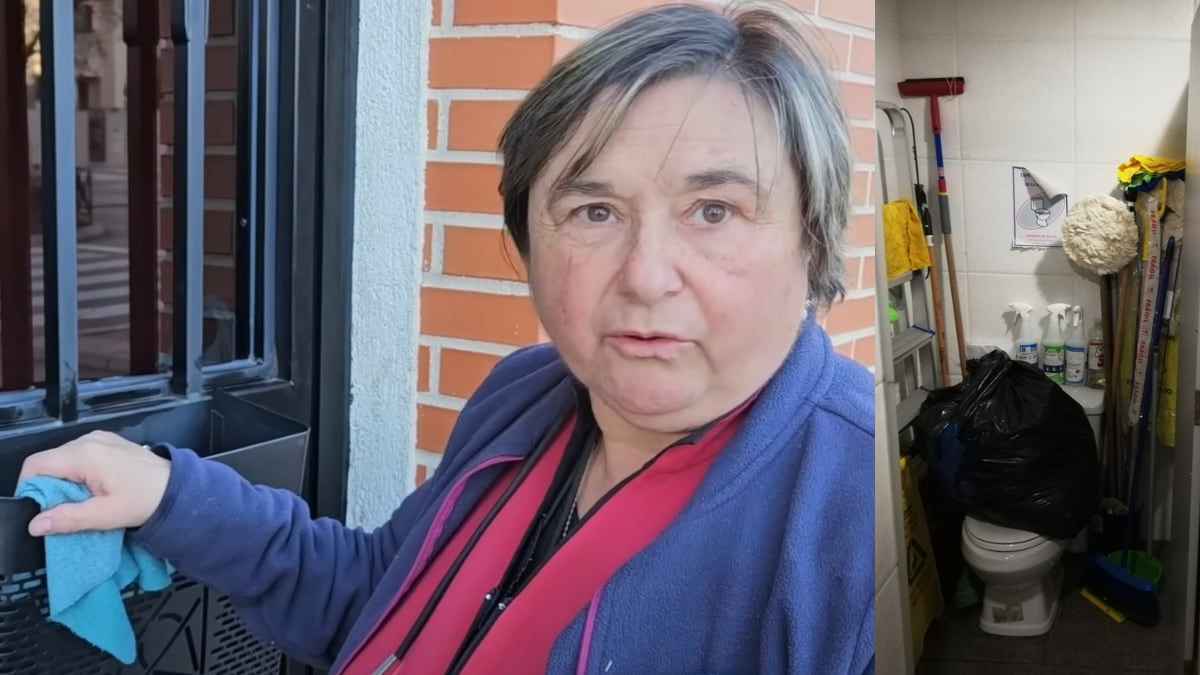 María José, limpiadora de 60 años, limpiando portales y denunciando sueldos bajos en el sector de la limpieza.