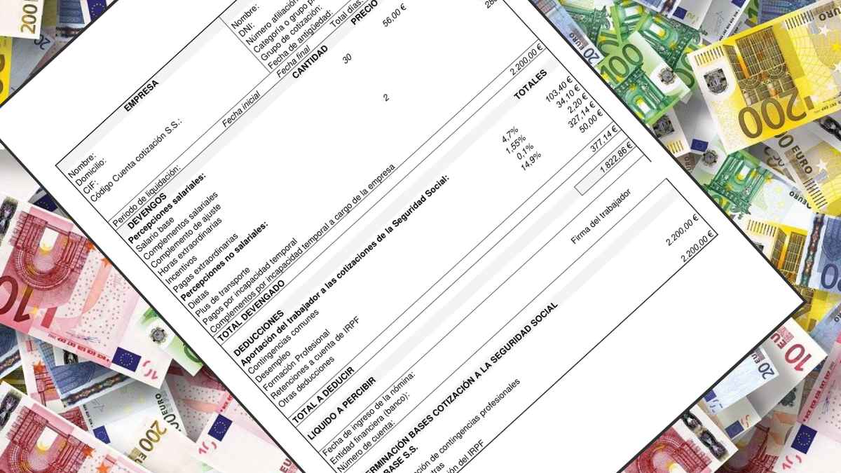 Nómina con billetes de euro de fondo que representa la regularización del IRPF en diciembre