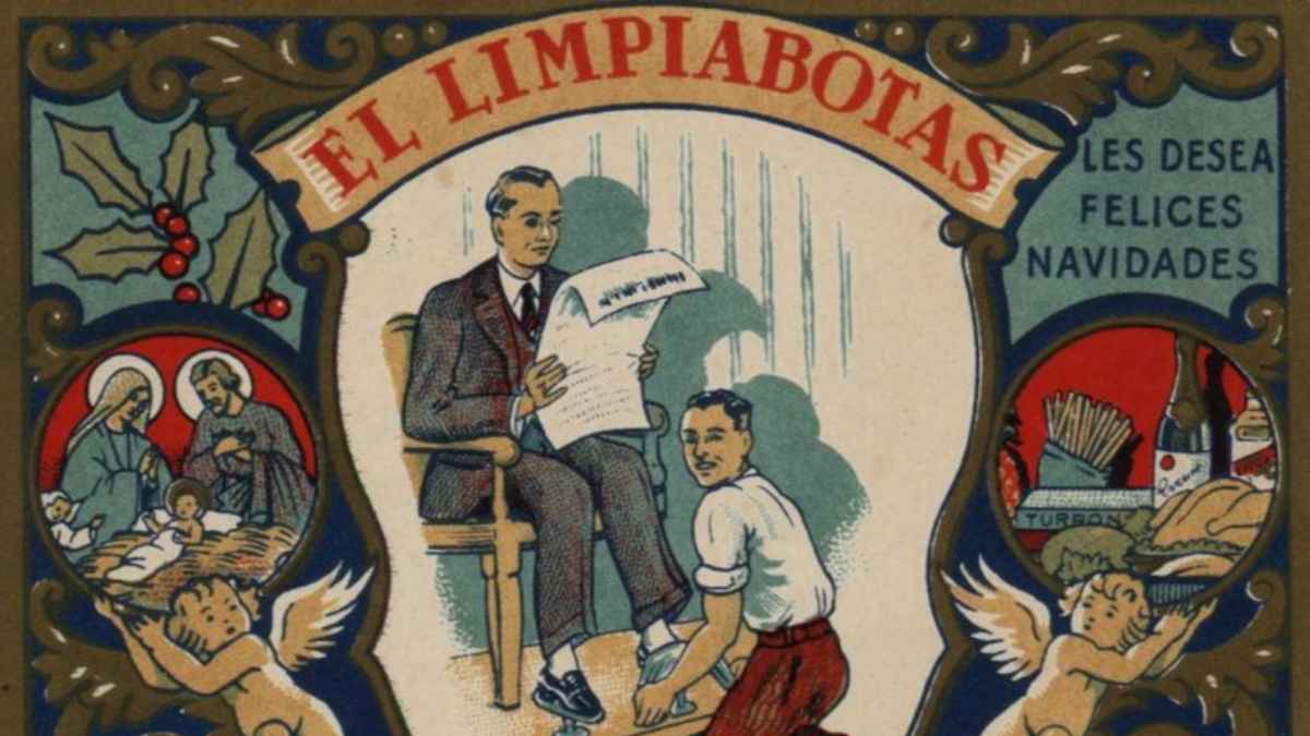 Ilustración antigua de un limpiabotas felicitando la Navidad como parte del origen del aguinaldo