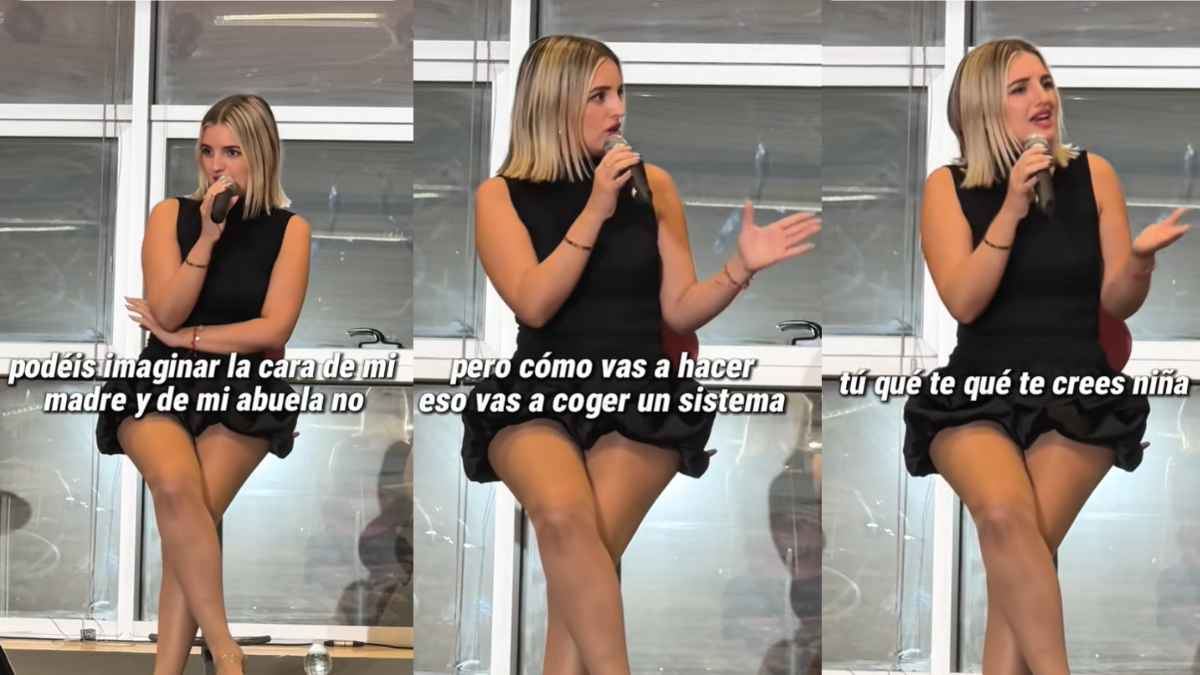 Joven profesora durante una charla relatando la reacción de su familia a su método de estudio para opositar.